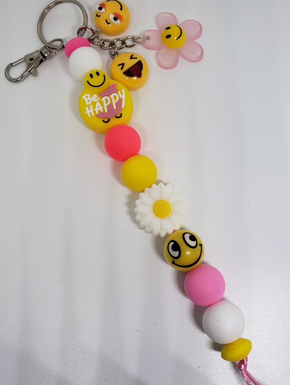 Handmade Be Happy Smiley Face Emoji Silicone Focal Beaded Keychain